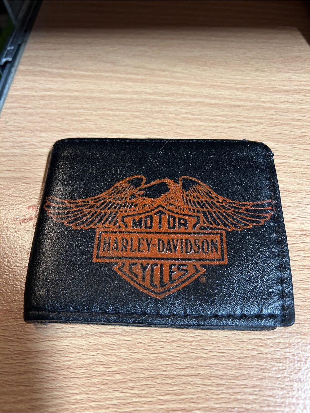 VTG 1980s Official Harley Davidson Eagle Logo Black Leather Bifold Wallet USA